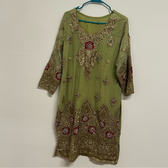 Lime Green and Red Three-Piece Salwar Kameez Heavy Stonework Outfit Size Large - Picture 4 of 12